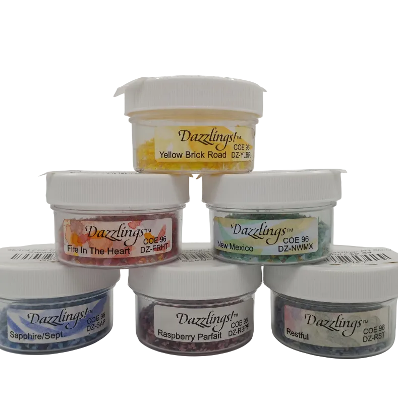 Stack of small jars of multicolored frit