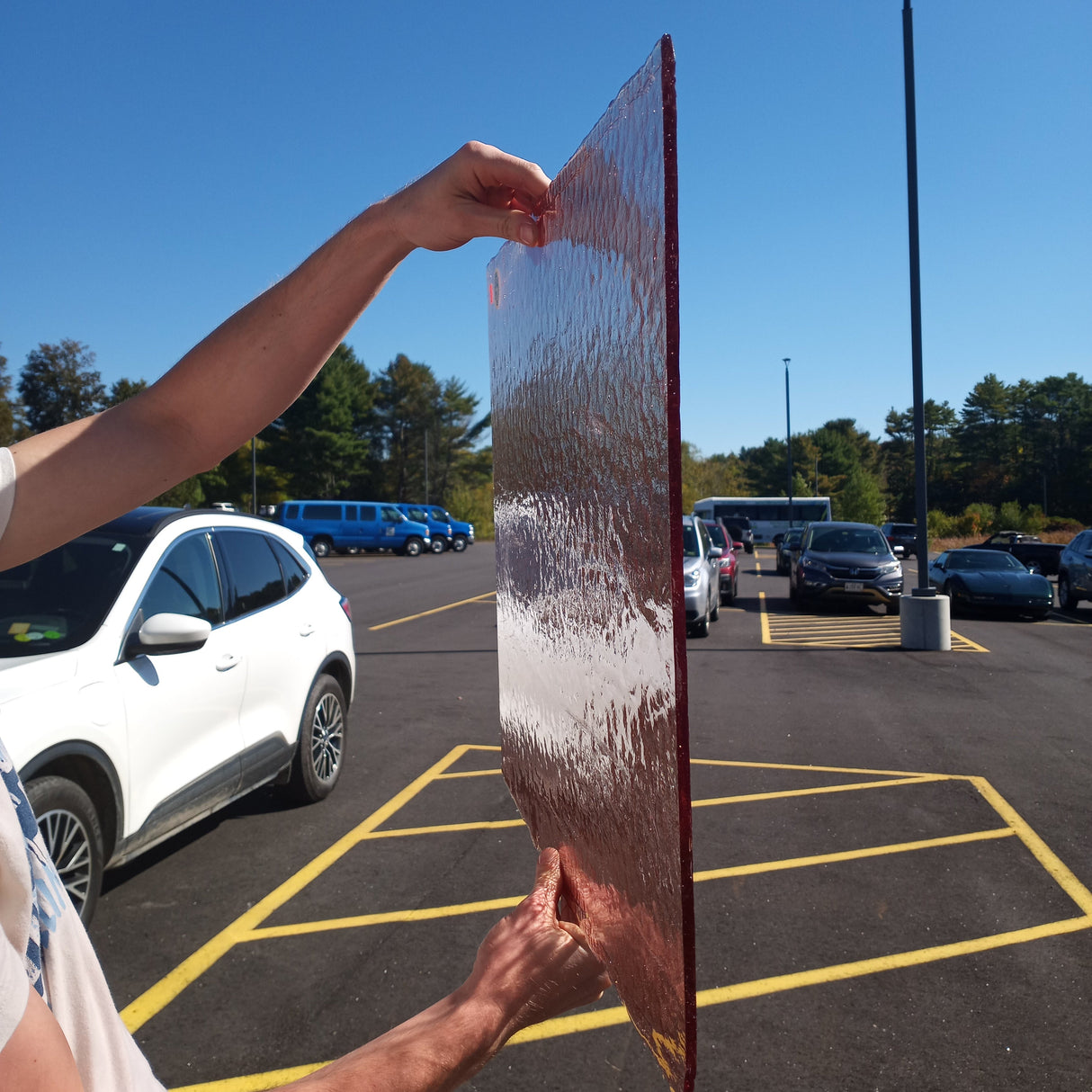 Bullseye rhubarb shift glass in the sun