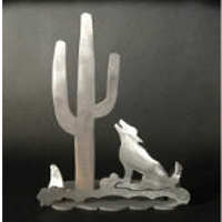 Cactus with Coyote Brushed Aluminum Art Stand - Stained Glass Express