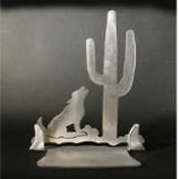 Cactus with Coyote Brushed Aluminum Art Stand - Stained Glass Express
