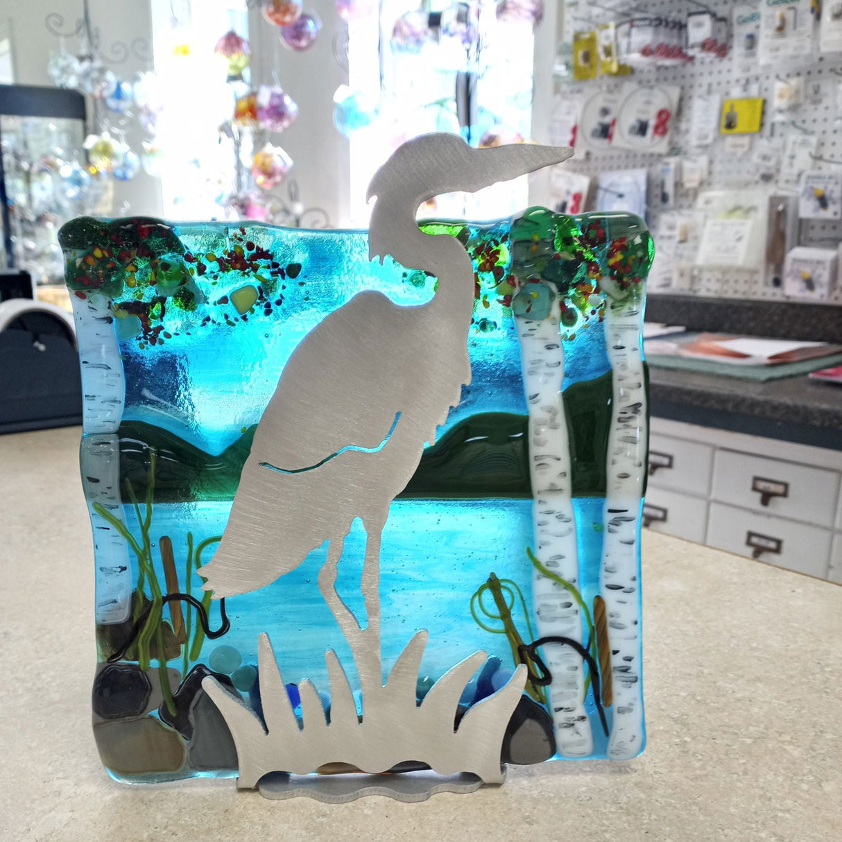 Stand Brushed Aluminum Heron 9" - Stained Glass Express