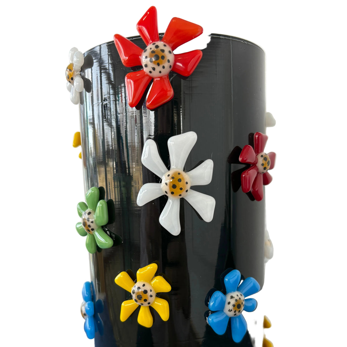 Vase Round Black with Flowers 8"