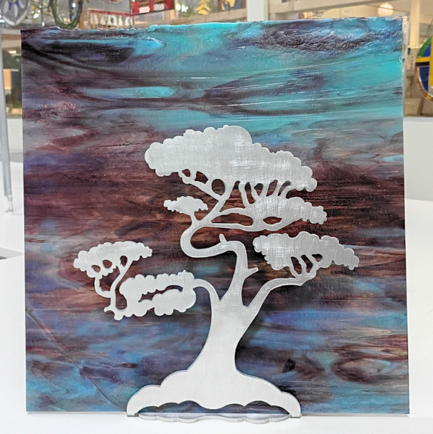 aluminum stand with stained glass