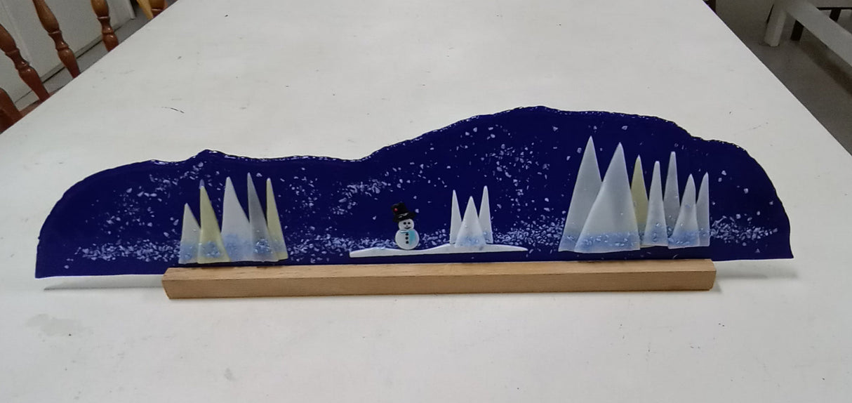 wood display stand with fused landscape