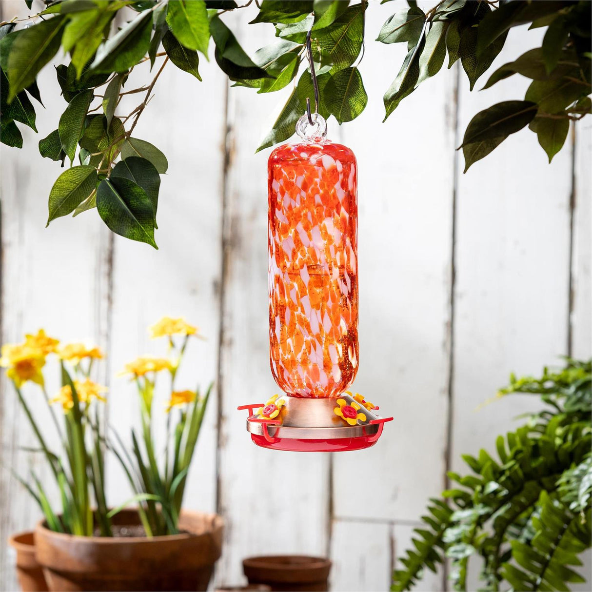 Art Glass Hummingbird Feeder Red & White