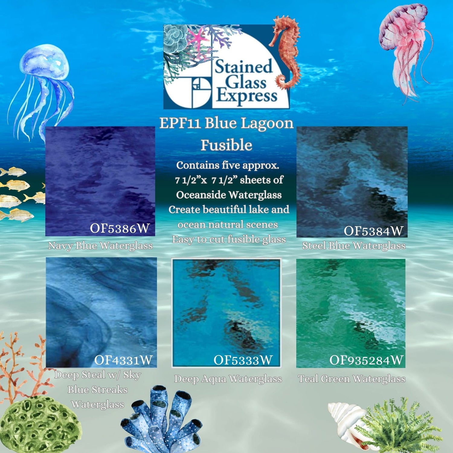 96 COE Express Pack Fusible Blue Lagoon - Stained Glass Express 