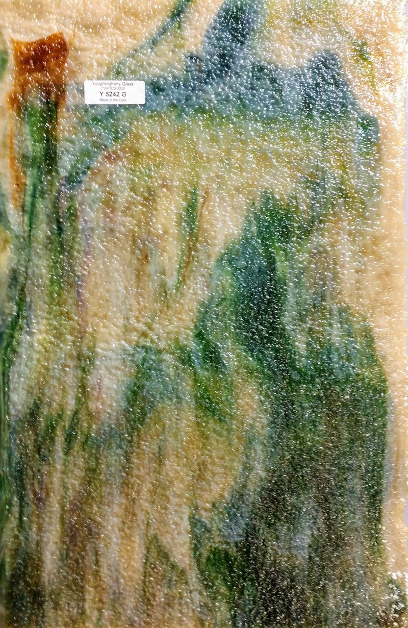 Beige Opal Dk Grn Cathedral Streak w/ Brn Strks Granite - Stained Glass Express 