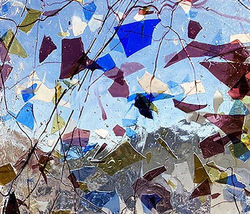 Designer Glass Rose/Blue/White/Yellow fractures on Clear - Stained Glass Express 