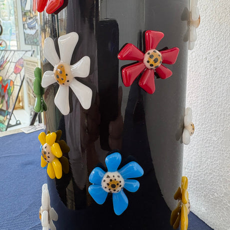 Vase Round Black with Flowers 8"
