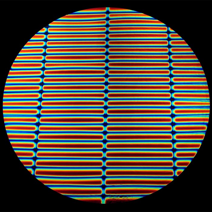 90 Coe Dichroic Cyan under Dark Red on Stripes Clear