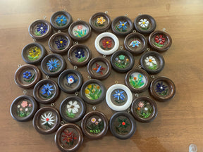 fused glass mini ornaments in wood frames