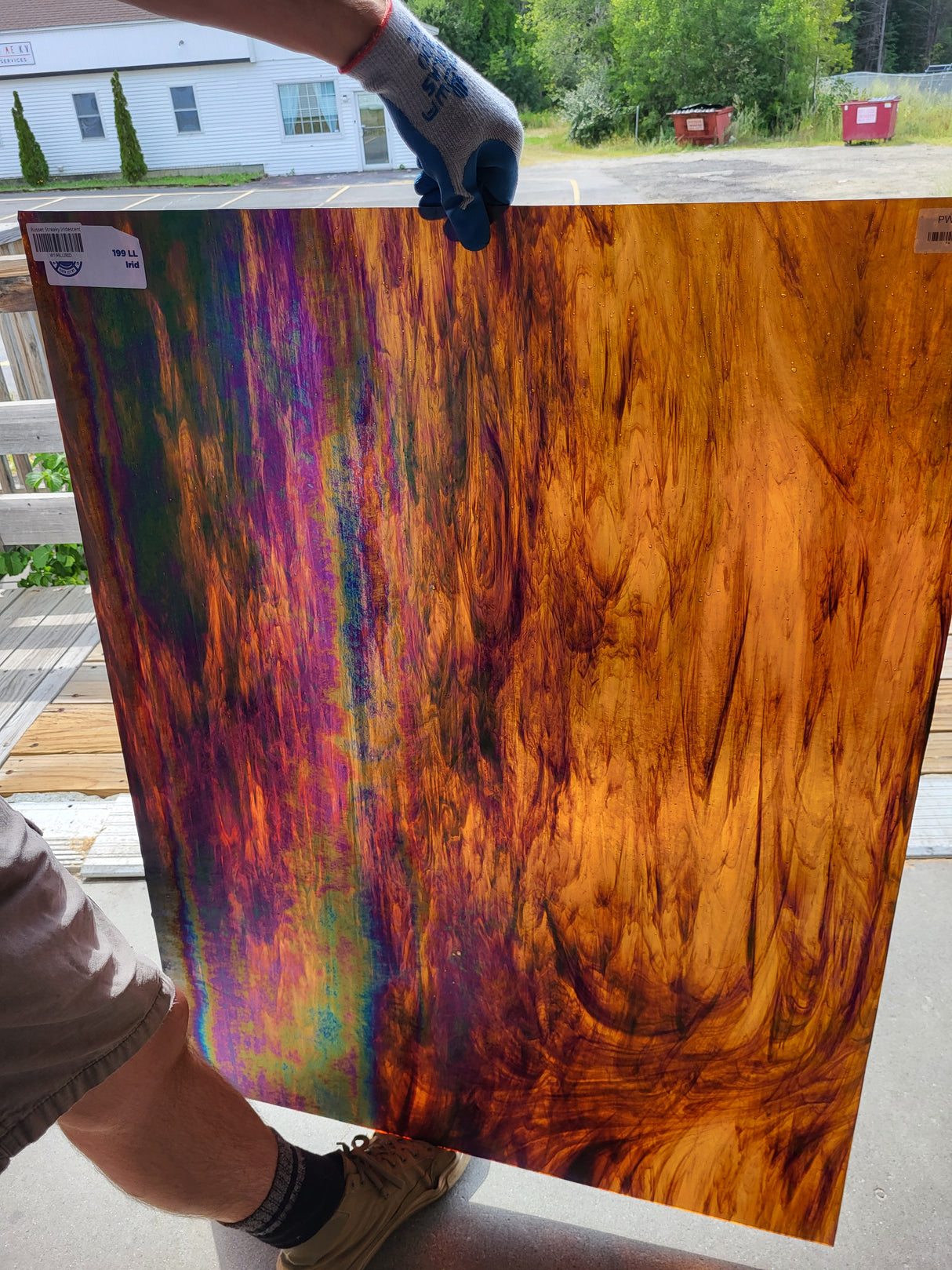 russet streaky iridescent glass backlit with natural light