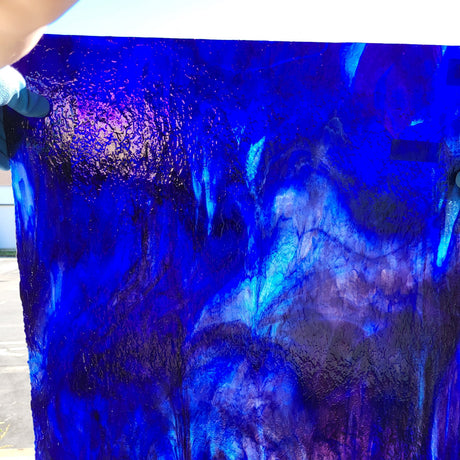 large sheet of blue and purple Youghiogheny stained glass